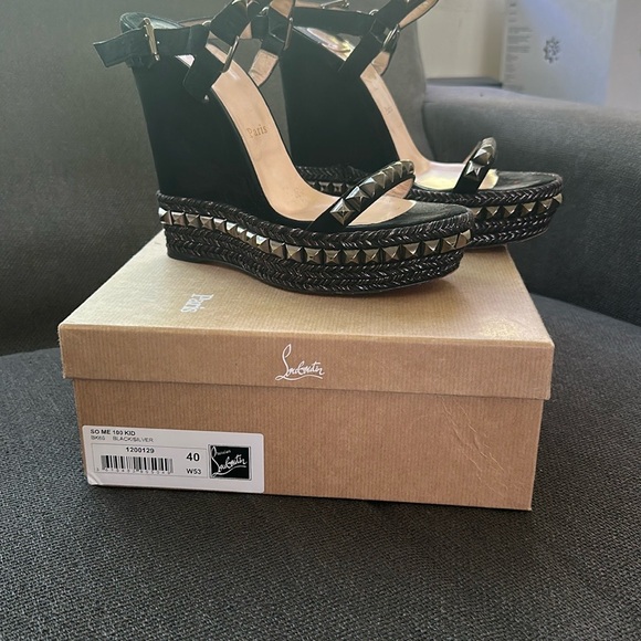 Christian Louboutin Black Wedge Shoes with Studded Detail - Picture 1 of 8